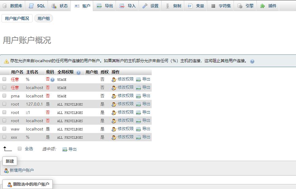 phpmyadmin账户界面